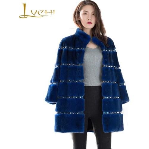 LVCHI Winter 2019 Import Velvet Real Mink Fur Coats Womens Coat Full Pelt Mandarin Collar Beading Causal Medium Mink Fur Coats
