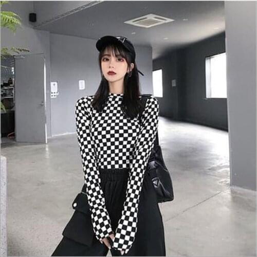 Vintage Retro Plaid Print Women T shirt Spring Autumn Fashion Long Sleeve O Neck Women Tops Slim Fit Female T-shirt