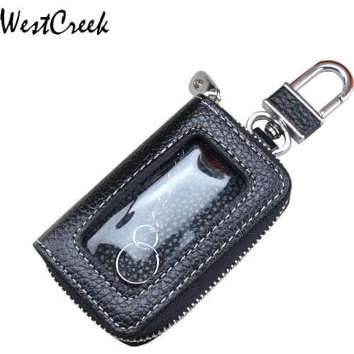 WESTCREEK Brand Men Leather Zipper Car Key Holder Women Minimalist Small Key Chain Key Organizer Wallets with Transparent Window