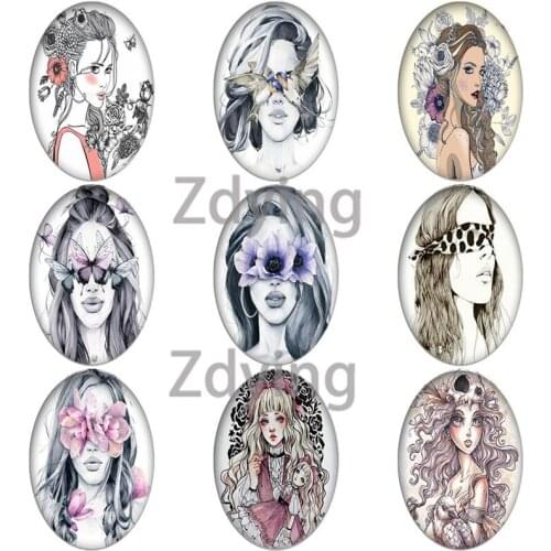 Zdying Flower Butterfly Girl Woman Punk Oval Shape Glass Picture Cabochons Beads Demo Flat Back DIY Making Jewelry Findings
