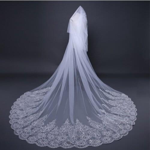 Hot Sale 2 T Long Lace Wedding Veil 3.8 Meters White Ivory Bridal Veil with Comb Blusher Bride Headpiece Wedding Accessories 4