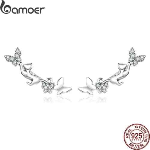Bamoer Real 925 Sterling Silver Cat & Butterflies Stud Earrings for Women Statement Fine Jewelry Brinco 2020 Bijoux SCE961