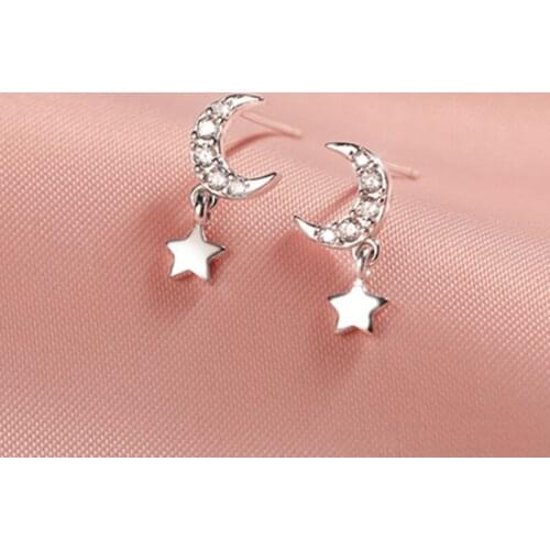 925 Sterling Silver Rhinestone Long Ear Drop Female Moon Star Design Fashion Temperament Sexy Hot High Jewelry Couple Earrings