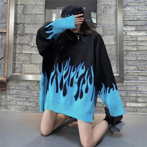 Winter Fashion Lady Loose Thick Contrast Color Streetwear Hip-hop Rock Knitted Top Women Fire Cool Gothic Pullovers Sweater 2021