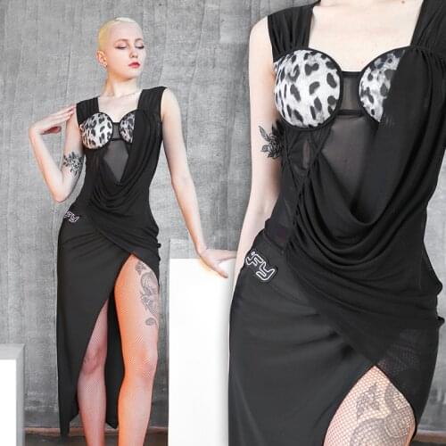 Latin Dance Dress Lady Black Sexy Irregular Split Performance Dresses Samba Salsa Cha Cha Rumba Tango Competition Wear DN6288