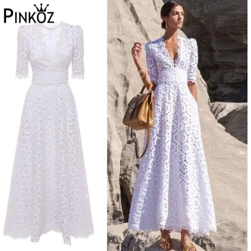 Pinkoz Elegant White Maxi Dress For Women V Neck Half Sleeve High Quality Hollow Out Slim Dresses Women New Style Fashion CHIC