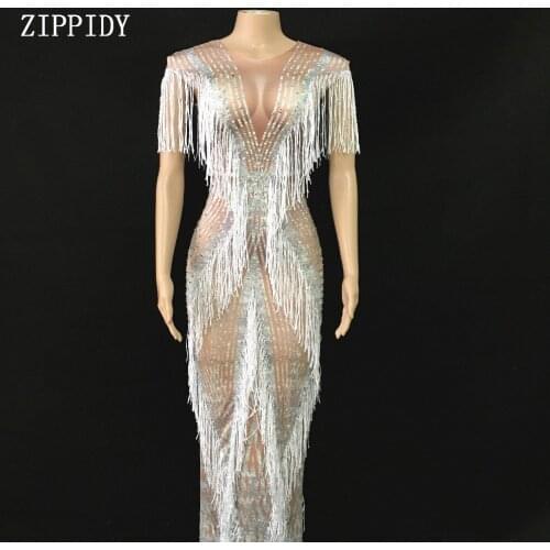 2019 White Fringes Rhinestones Long Dress Womens Celebrate Tassels Dress Evening Wear Female Singer Tassel Dress Costume
