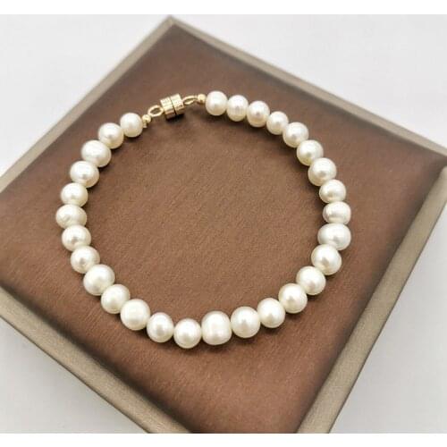 6mm Round White Freshwater Pearls Bracelet 14K Gold Filled Magnet Clasp Hand Made Jewelry Beaded Pearl Classic Women Bracelet