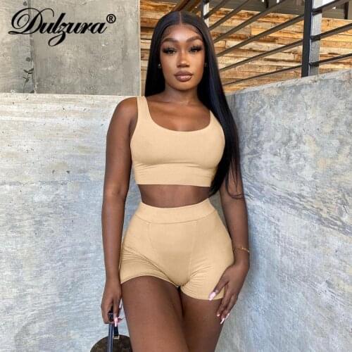 Dulzura 2021 Summer Women Solid Sporty Two Pieces Tank Crop Top Biker Shorts Set Bodycon Tracksuit Fitness Active Wear Outfit