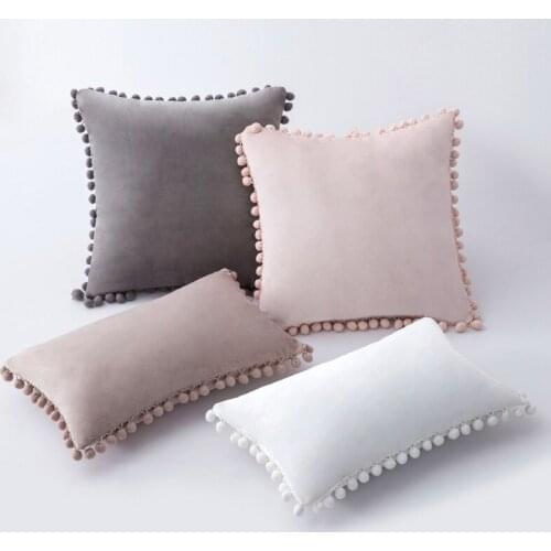 Yingya Pom Poms Velvet Decorative Throw Pillow Covers Soft Solid Square Cushion Case Pillow Decor