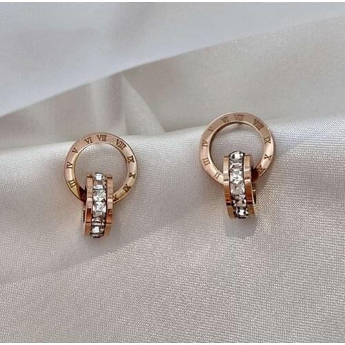 Classic Titanium Steel Roman Numeral Zircon Circle Pendant Earrings For Woman Korean Fashion Jewelry Party Girls Luxury Earrings