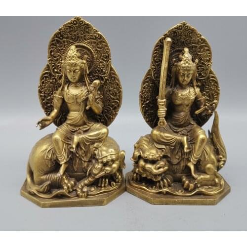 Collection Old China Brass Manjusri Samantabhadra Bodhisattva Bronze a Pair