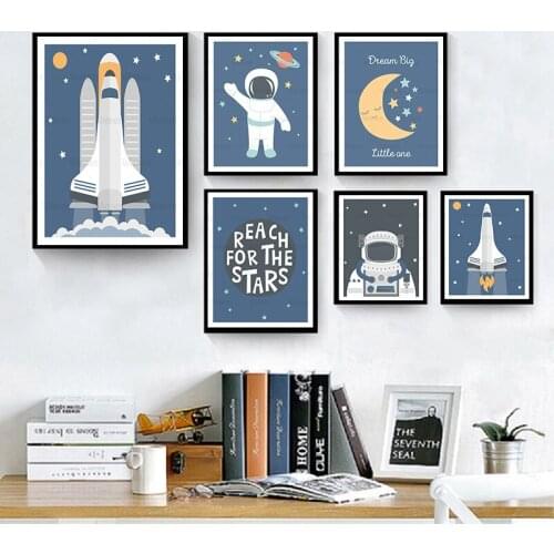 Cartoon Poster Baby Nursery Print Adventure Space Astronaut Rocket Wall Art Canvas Painting Nordic Kid Picture Boy Bedroom Decor