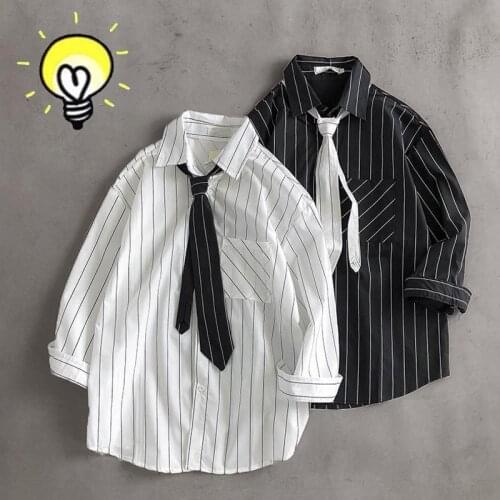 Mens shirts Summer Hong Kong style striped print 7-quarter sleeve plus tie jacket all-match fashion casual shirt boys clothes