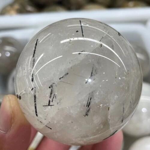Natural beautifu tourmaline black hair quartz crystal ball healing