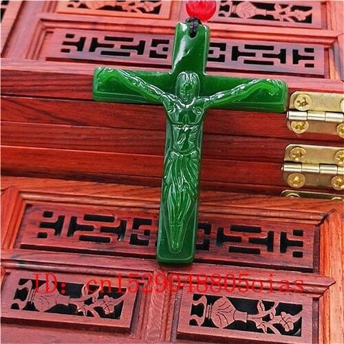 Natural Green Chinese Jade Cross Pendant Necklace Charm Jewelry Carved Jesus Amulet Fashion Accessories Gifts for Women Men