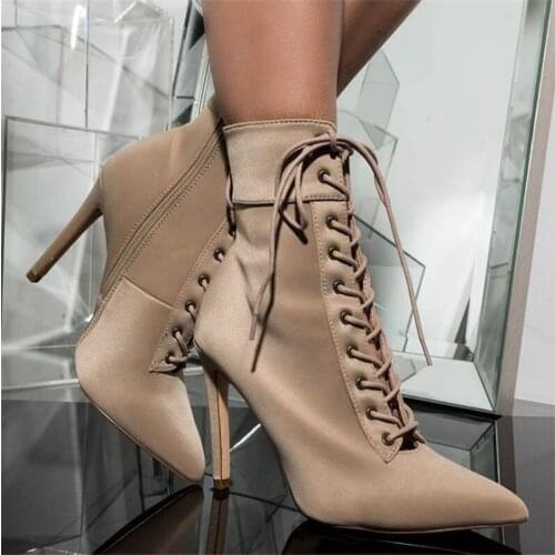 2020 New Stretch Fabric Womens Ankle Boots heel Shoes Women High Heel Sexy Pointed Toe Lace-Up Boots For Autumn/Winter