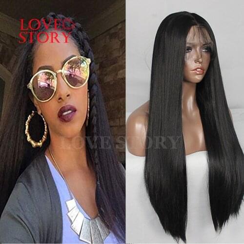 Lovestory Black Color Synthetic Hair Wig Yaki Straight Heat Resistant Synthetic Lace Front Wigs With Babyhair