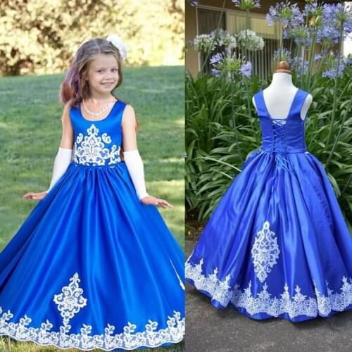 Royal Blue Flower Girl Dresses Lace Appliqued Girls Pageant Tulle Dresses O-Neck For Holy Communion Dresses