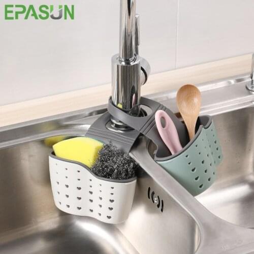 EPASUN Sink Shelf Holder Soap Sponge Drain Rack Hanging Bag Bathroom Strap Faucet Storage Basket with Drain Holes Kitchen Tool