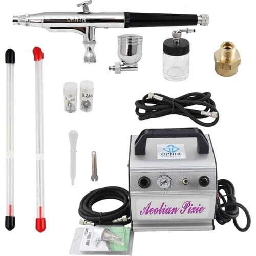OPHIR 110V,220V PRO Air Compressor w/ Dual Action Airbrush Kit Gravity Paint Airbrushing for Model Hobby Wall Paint _AC088+074