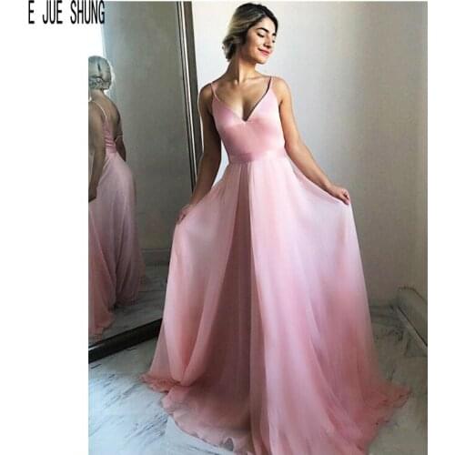 E JUE SHUNG Pink Evening Dresses Halter V Neck Sexy Backless Elegant A Line Prom Gowns Formal Party Dresses vestidos de fiesta
