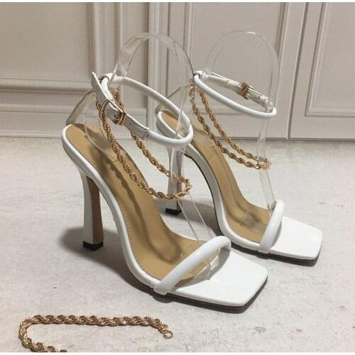Womens Sandals Metal Chain Ladies Pump Square Toe Sexy Party Shoes Fashion High Heels Buckle Strap Female Footwear 2021 Summer