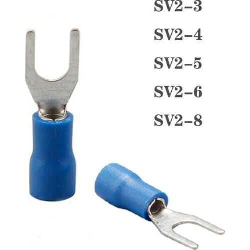 SV2-4 Blue 100PCS/Pack Furcate Cable Wire Connector Furcate Pre-Insulating Fork Spade 16~14AWG Wire Crimp Terminals SV2.5-4 SV