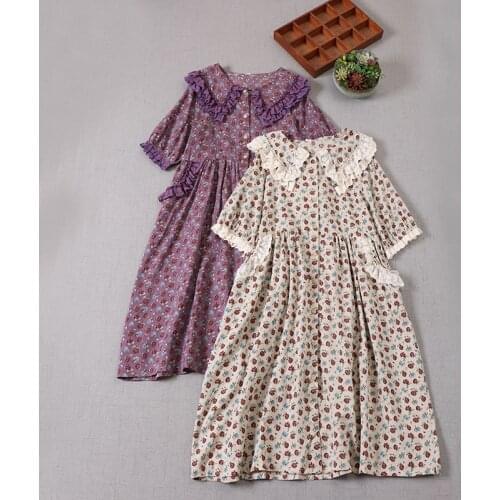 Japan Style Mori Girl Retro Floral Print Dress Loose Cute Peter Pan Collar Short Sleeve Midi Dresses Women