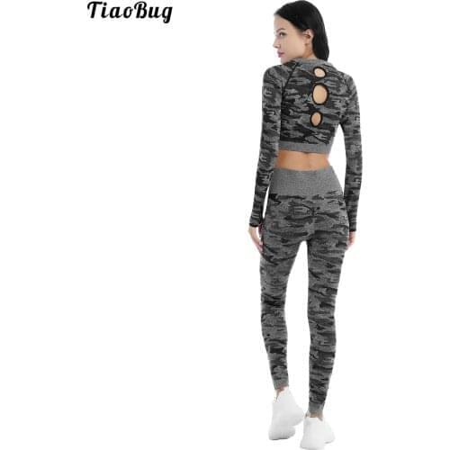 TiaoBug 2Pcs Women Camouflage Print Sportswear O-Neck Long Sleeves Hollow Out Back Cropped Top Pants Set For Gym Fitness Sport