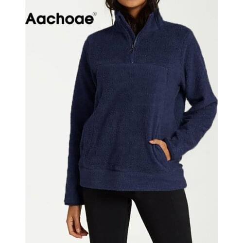 Aachoae Women Hoodies Autumn Winter Warm Zipper Pocket Hoodie Casual Long Sleeve Fleece Pullover Solid Women Teddy Sweatshirts
