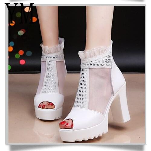 2020 Sexy Cutout Women Sandals Mesh Lace Square High Heel Summer Shoes Woman Pumps Crystal Peep toe Gladiator Sandals After zip