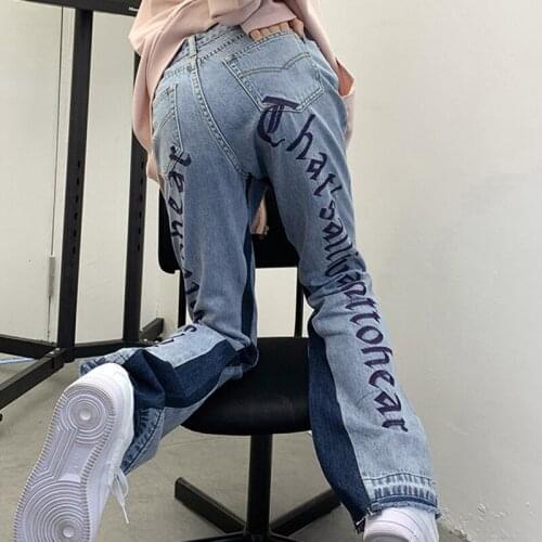 High Street Embroidery Print Jeans Woman 2021 Fashion Straight Wide Leg Pants Female Distressed High-rise Jeans Woman