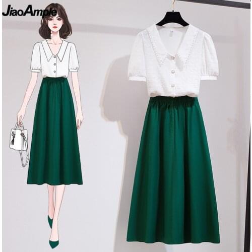 Womens Summer Graceful Two Pieces Set 2021 Office Lady Elegant Pearl Turn-Down Collar Puff Sleeve White Shirt+Green Skirts Suit