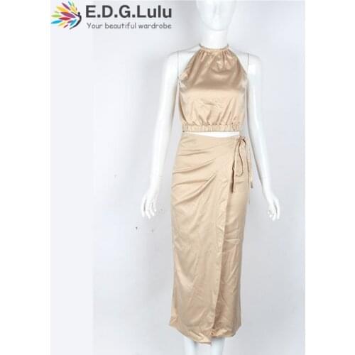 EDGLuLu 2 Piece Sets Womens Outfits Sleeveless Crop Top And High Waist Split Lace-up Midi Skirt Two Piece Set Women Skirt 0410
