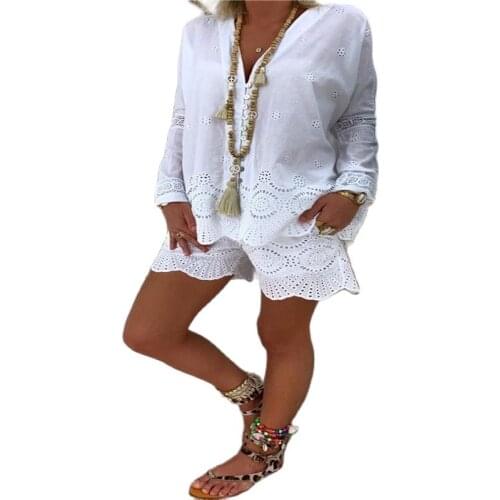 Summer White Two Piece Set Women 2021 Casual Shorts Sets Long Sleeve Elegant Drawstring Shorts V-Neck Plus Size Shorts Mujer Set