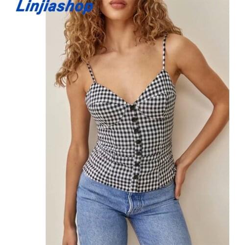 Women Fashion Summer Top V-Neck Back Hollow Out Camis Bandage Plaid Single-Breasted Spaghetti StrapTank Top