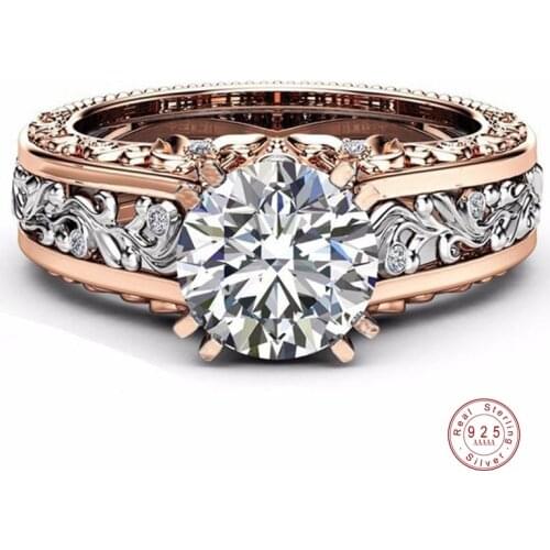 Round Cut Crystal Ring For Women Vintage Flower Cubic Zircon Engagement Ring Rose Gold Hollow Jewelry Valentines Day Best Gift