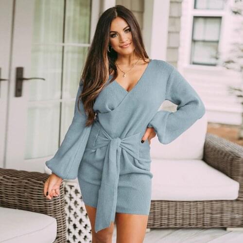 Autumn Dress Women Robe Femme Sweater Pencil Dresses Bandage V-Neck Lantern Sleeve Y2K Dress For Woman Clothing Vestido De Mujer
