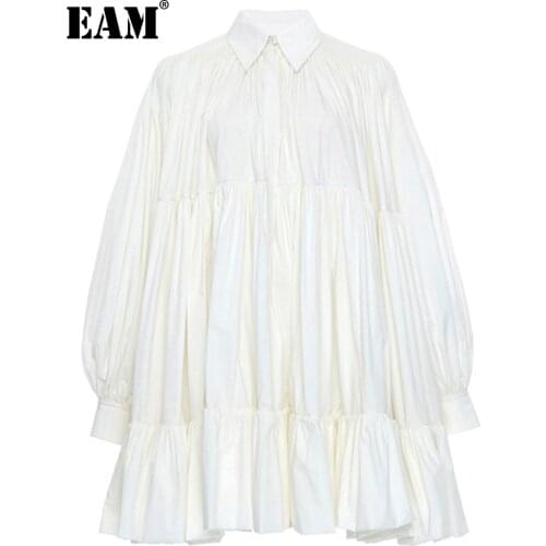 [EAM] Women Black Pleated Temperament Dress New Lapel Long Puff Sleeve Loose Fit Fashion Tide Spring Autumn 2021 1DD3086