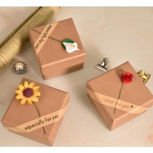 1pc Vintage Kraft Paper Gift Box With Dried Sunflowers And Label Earrings Rings Storage Jewelry Box Gifts Packaging Box