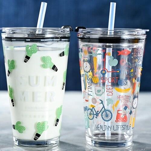 450ML Glass Straw Cup with Scale Transparent Graffiti Style Large Capacity Drinking Juice Bottle Water Bottle Glass Coffee Mug