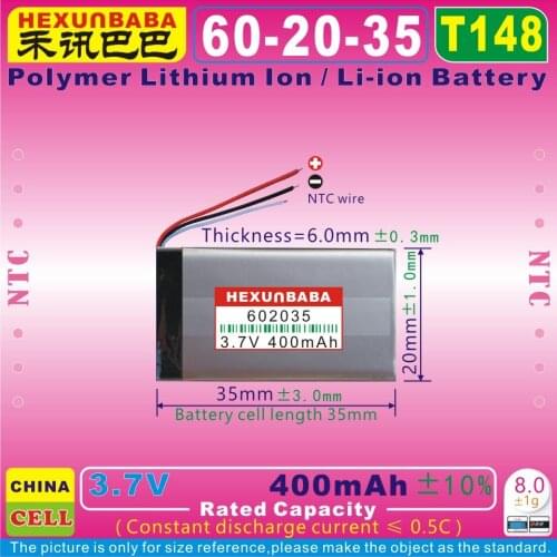 5pcs [T148] 3.7V 400mAh [602035] NTC;Polymer lithium ion / Li-ion battery for bluetooth,voice recorder pen,smartband;mp3
