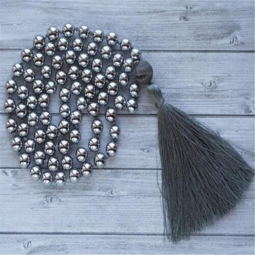 8mm Hematite Gemstone 108 Beads Mala Tassel Necklace Meditation Prayer Buddhism Religious Spirituality Tibetan Classic