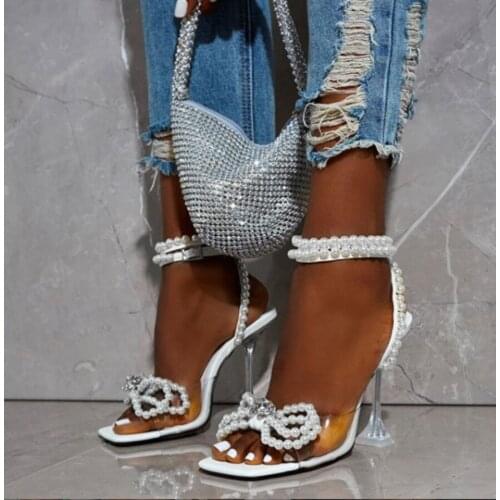 Women Gladiator Sandals shoes Sexy White String Bead high heels Sandals Summer Party Dress shoes Buckles pumps size 42