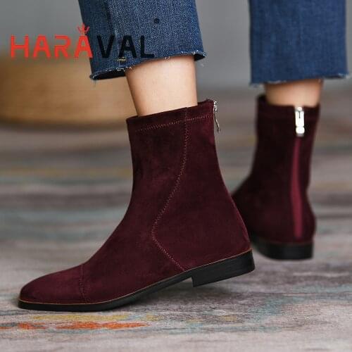 HARAVAL Women Ankle Boots Shoes Elegant Fashion Black Red Kid Suede Motorcycle Boots Shoes Women Round Toe Boots Female E341L