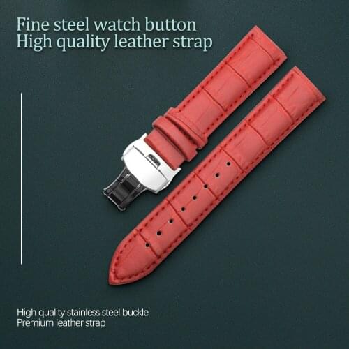 Genuine leather bracelet Red color watch strap Butterfly Clasp watchband sized 12 14 16 18 20 21 22 24mm watch band + Tool