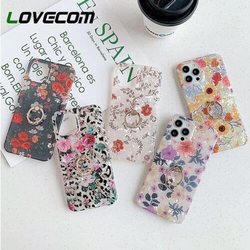 LOVECOM Retro Floral Ring Stand Phone Case For iPhone 12 11 Pro Max Mini XS Max XR X 7 8 Plus Case Soft IMD Dream Shell Cover