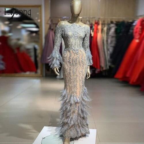 Elegant Blue Lace Feather Evening Dresses Full Sleeves Off The Shoulder Mermaid Evening Gowns Vestido De Formatura Longo