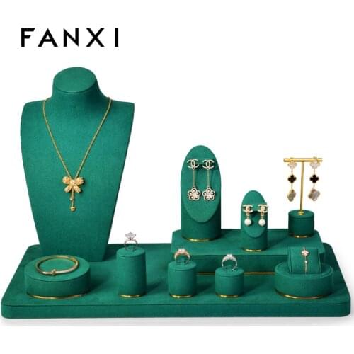 FANXI Wooden Necklace Bust Metal Jewelry Props Set Resin Earring Display Stand Microfiber Bangle Display Tray Newly Green